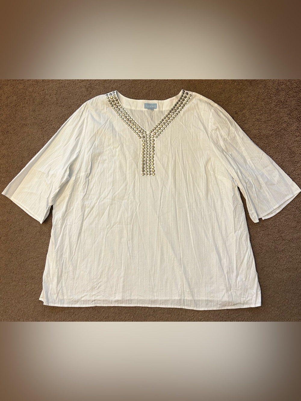 Liz & Me White Women’s V-Neck Shirt with Silver Stud Trim 3X